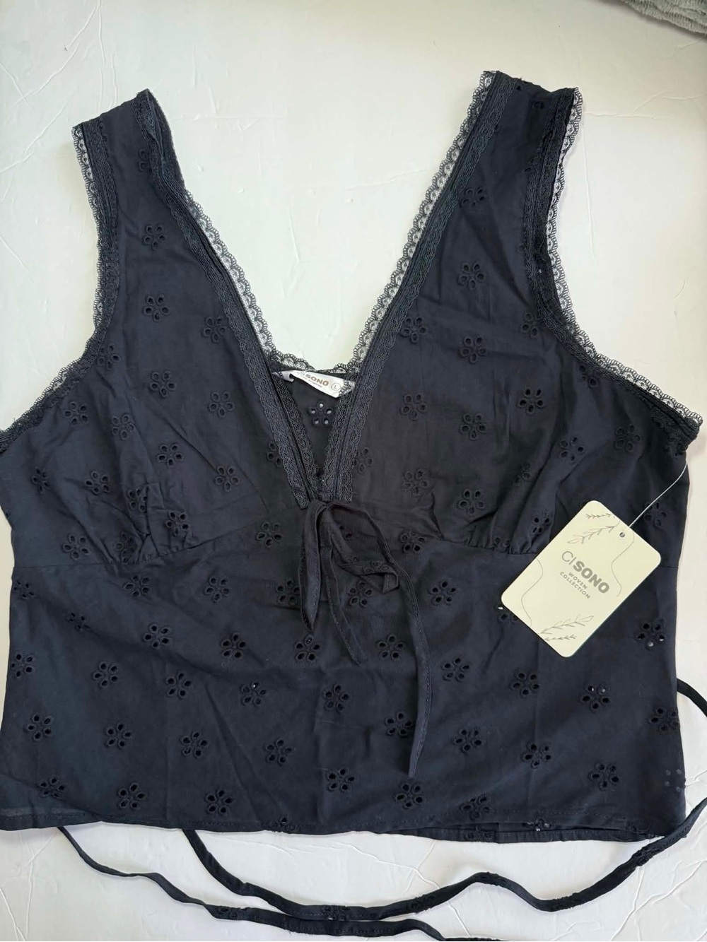 Ci Sono Navy Blue Lace Top Tie Front - Size L - Boho Coquette - NWT